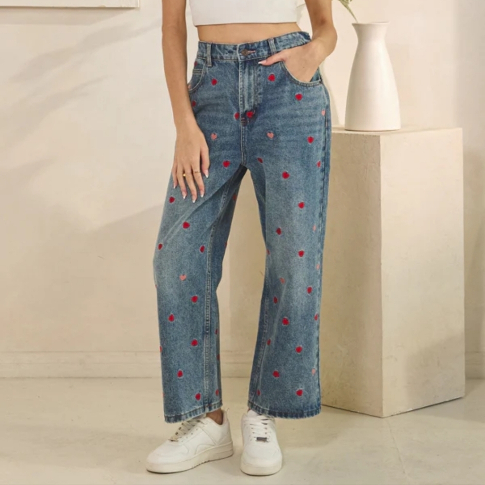 OHBJ Oli and Hali Washed Heart Embroidered Boyfriend Jeans